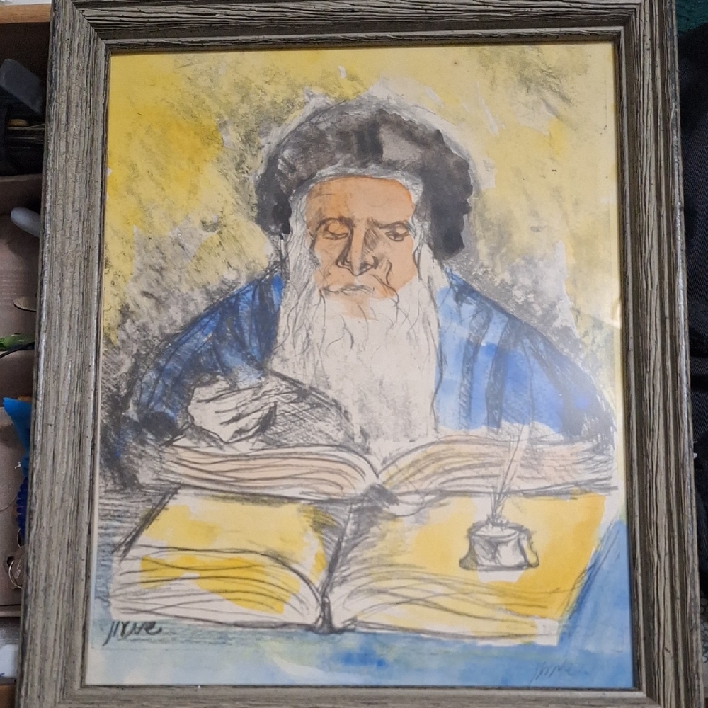 Vintage Framed Art with Blue and Yellow Accents